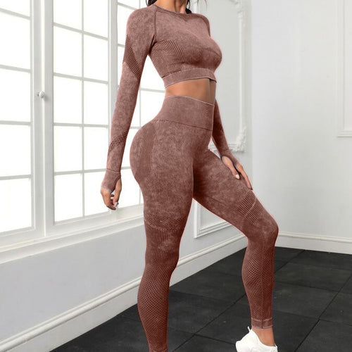 Acid Wash Seamless Long Sleeve Crop Top and Leggings Set